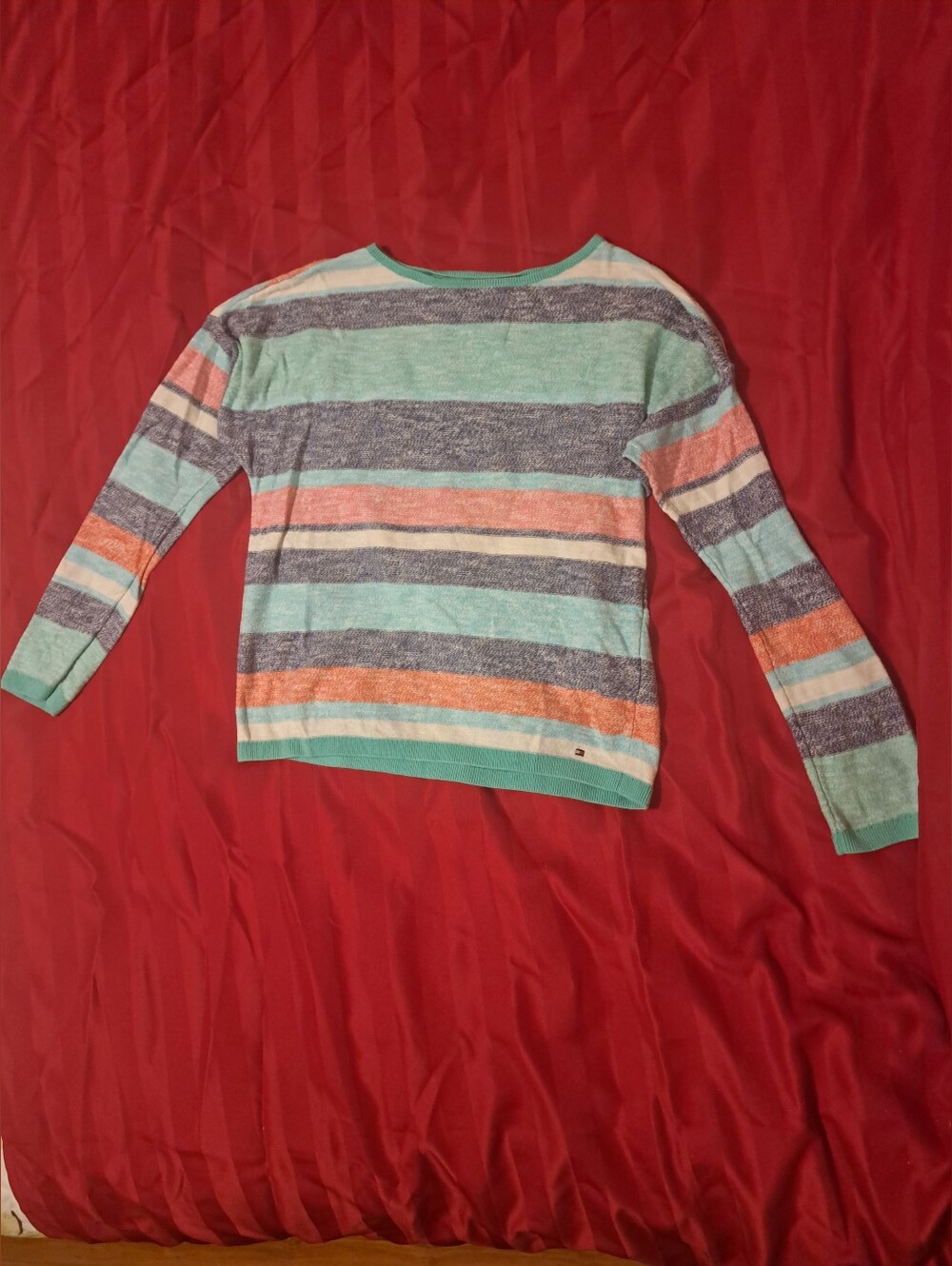 Tommy Hilfiger Girl Striped Lightweight Crewneck Sweater in Mint, Coral, Navy